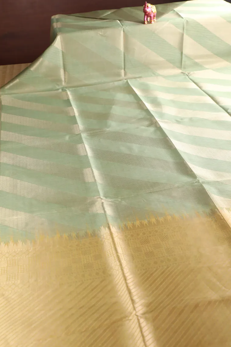 Pistachio Green Tussar Saree with Gold Zari Stripes view 2