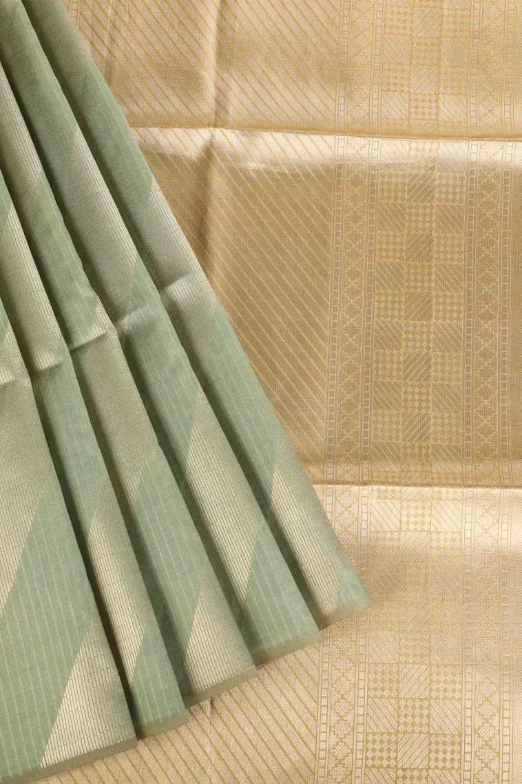 Pistachio Green Tussar Saree with Gold Zari Stripes