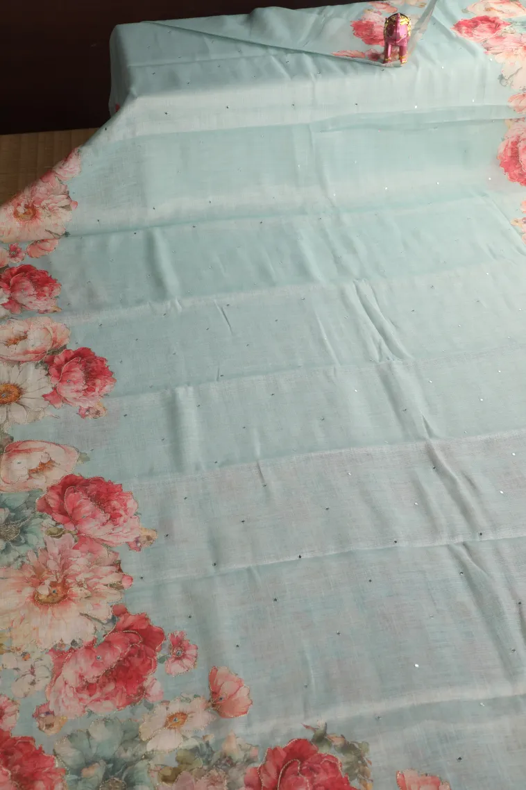 Sky Blue Tissue Silk Sarees with Thread Zari Plain view 2