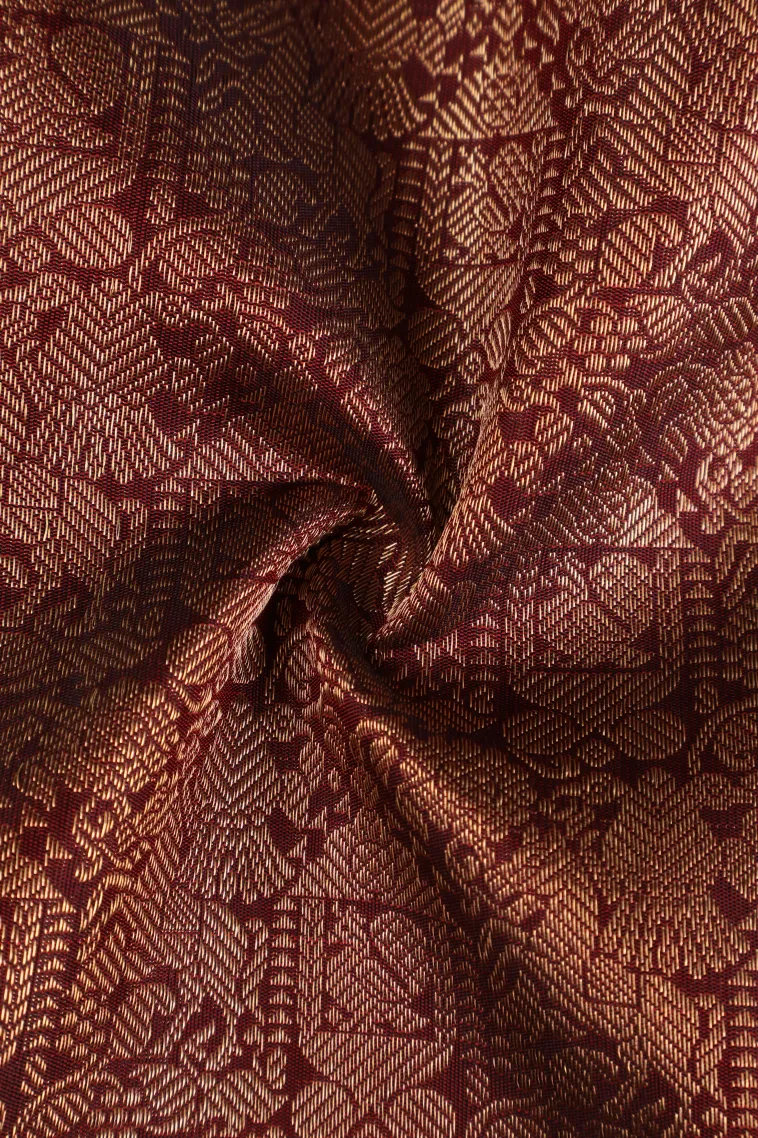 Sangria Red Kanchipuram Silk Sarees with Gold Zari Peacock And Animal view 4