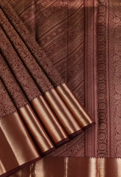 Sangria Red Kanchipuram Silk Sarees with Gold Zari Peacock And Animal