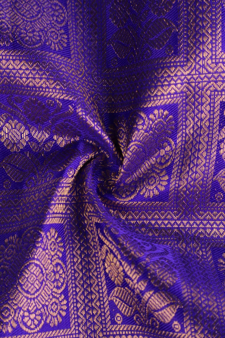 Lapis Blue Kanchipuram Silk Sarees with Gold Zari Checks And Puttas view 4