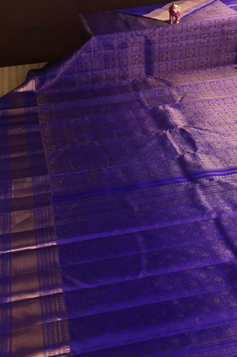 Lapis Blue Kanchipuram Silk Sarees with Gold Zari Checks And Puttas view 2