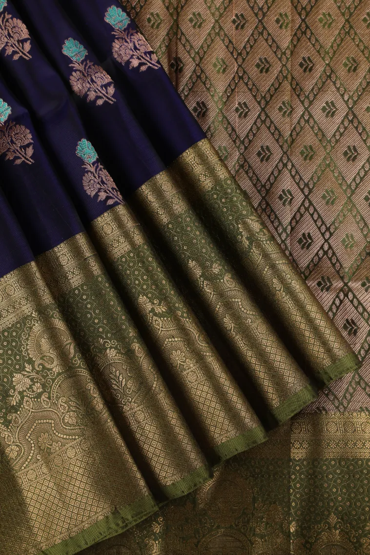 Berry Blue Soft Silk Saree with Gold Zari Flower Mottif