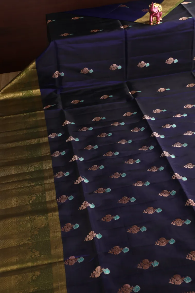 Berry Blue Soft Silk Saree with Gold Zari Flower Mottif view 2