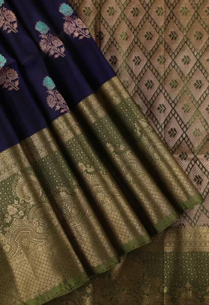 Berry Blue Soft Silk Saree with Gold Zari Flower Mottif