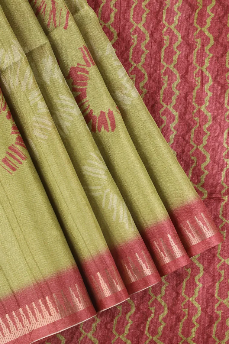 Olive Green Semi Tussar Silk Without Zari With Geometric Shapes