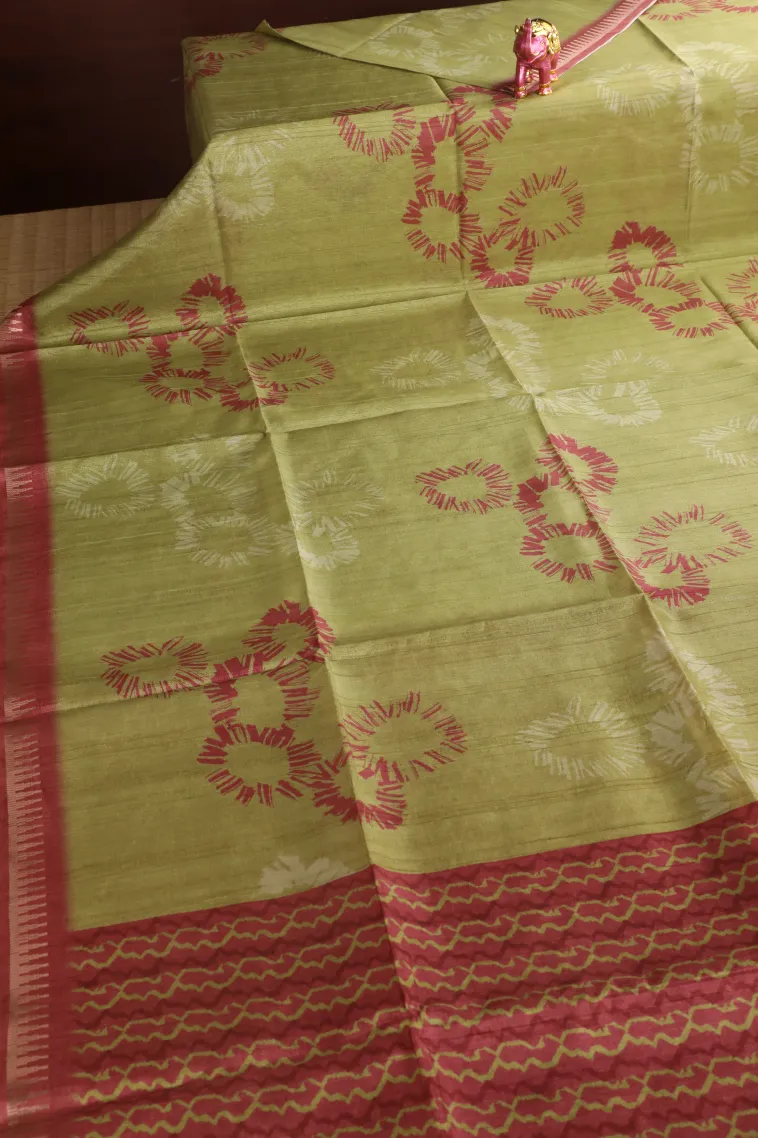 Olive Green Semi Tussar Silk Without Zari With Geometric Shapes view 2