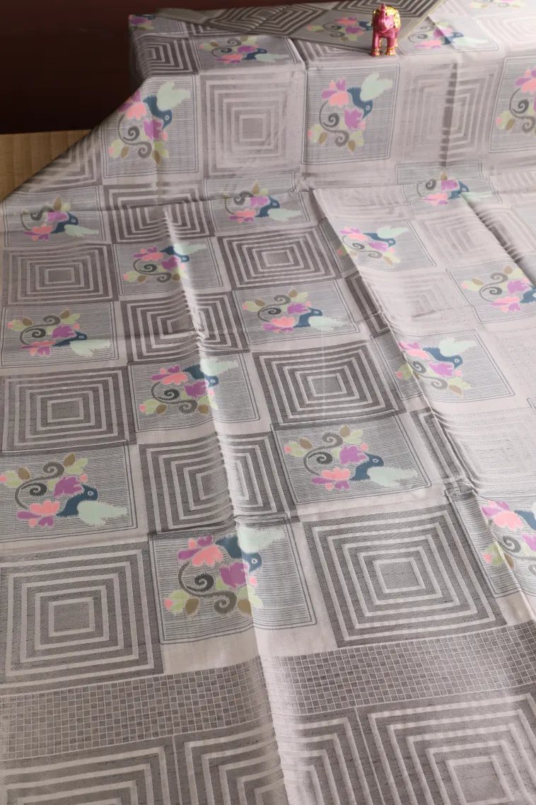 Smoke White Tussar Saree with Silver Zari Geometric Shapes view 2