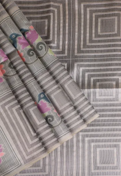 Smoke White Tussar Saree with Silver Zari Geometric Shapes