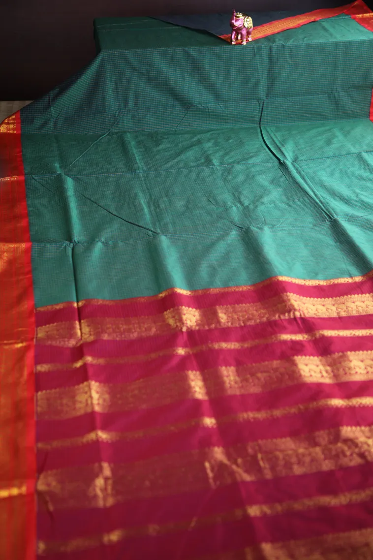 Ocean Blue Kalyani Cotton with Gold Zari Small Checks Pattern view 2