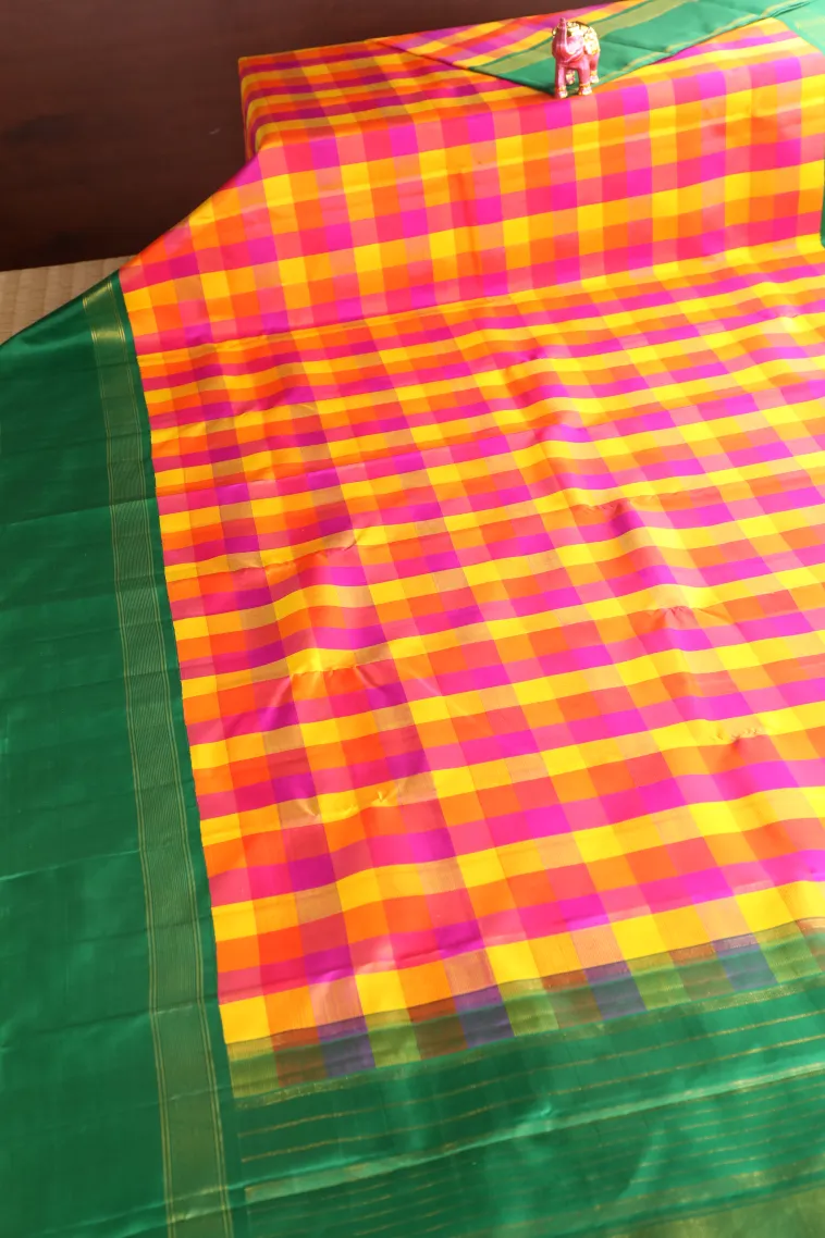 Lemon Yellow Kanchipuram Silk Sarees with Gold Zari Checks view 2