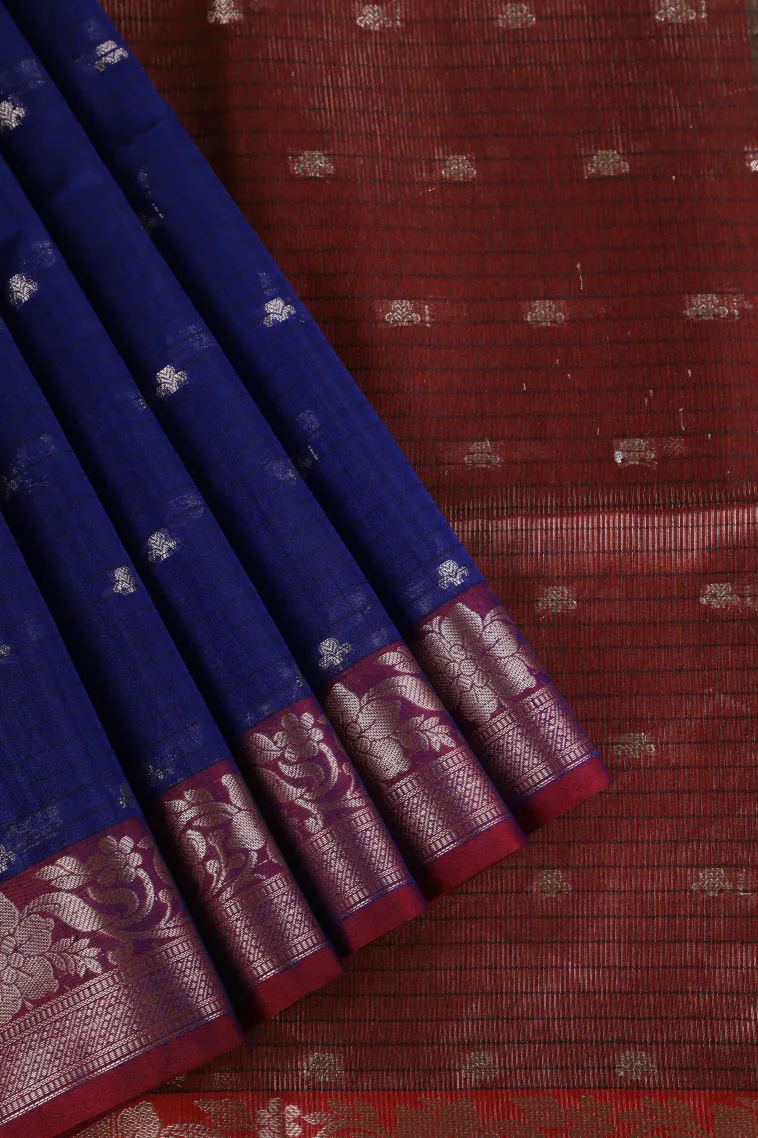 Admiral Blue Semi Tussar Silk with Silver Zari Stripes And Puttas