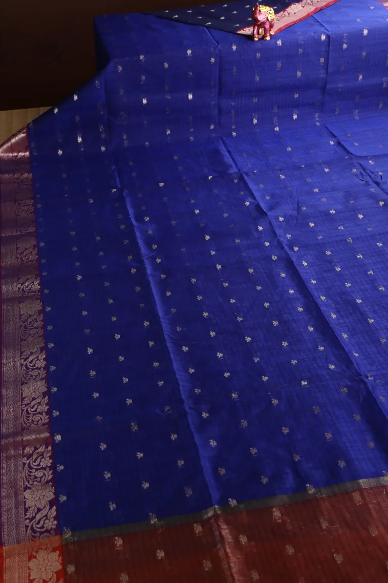 Admiral Blue Semi Tussar Silk with Silver Zari Stripes And Puttas view 2