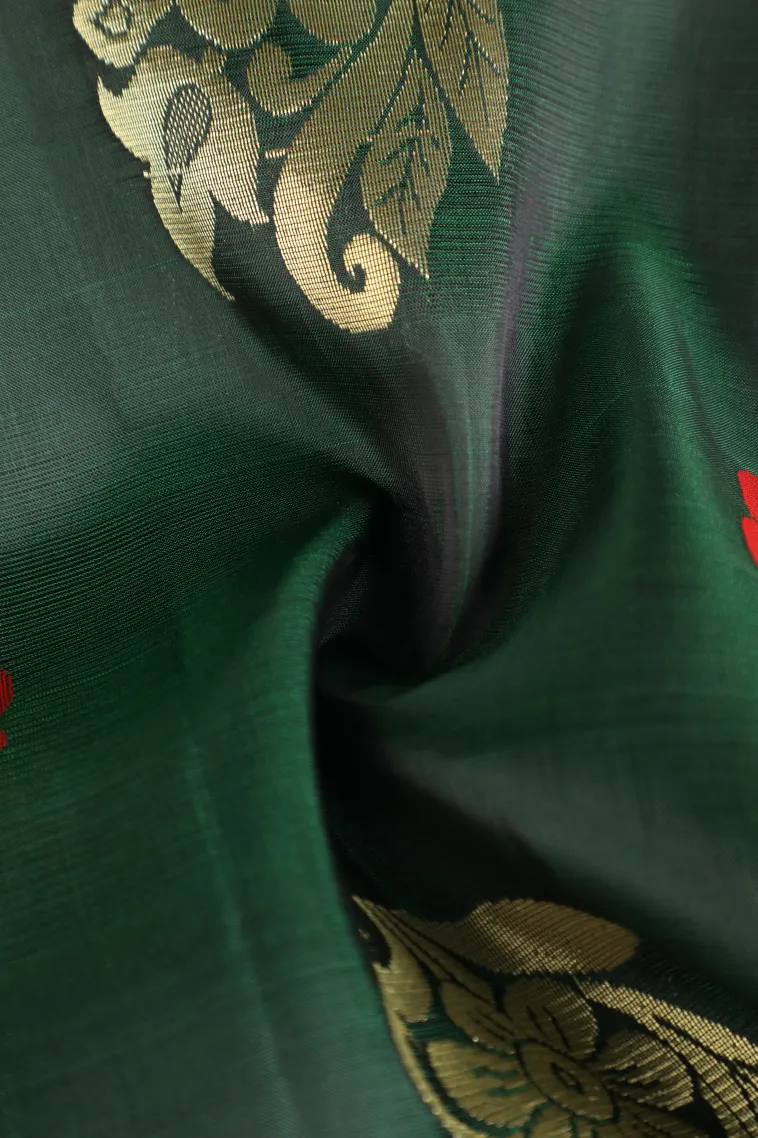 Bottle Green Soft Silk Saree with Gold Zari Flower Mottif view 4