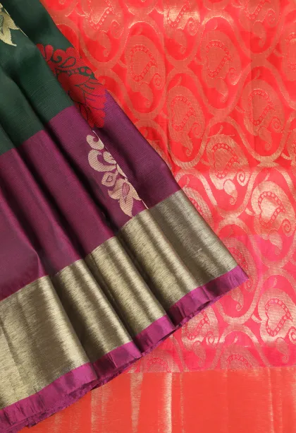 Bottle Green Soft Silk Saree with Gold Zari Flower Mottif