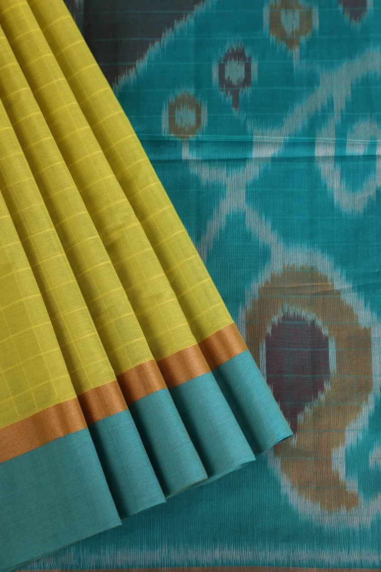 Lemon Yellow Pure Handloom Kovai Cotton with Gold Zari Checks view 1
