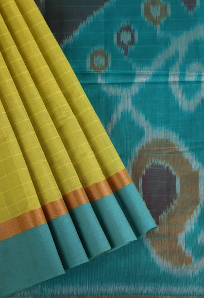 Lemon Yellow Pure Handloom Kovai Cotton with Gold Zari Checks