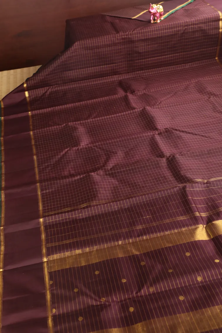 Caramel Brown Kanchipuram Silk Sarees with Gold Zari Checks view 2