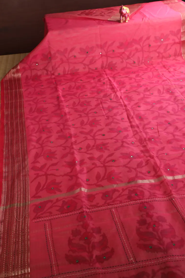 Punch Pink Linen Saree with Gold Zari Floral Patterns view 2