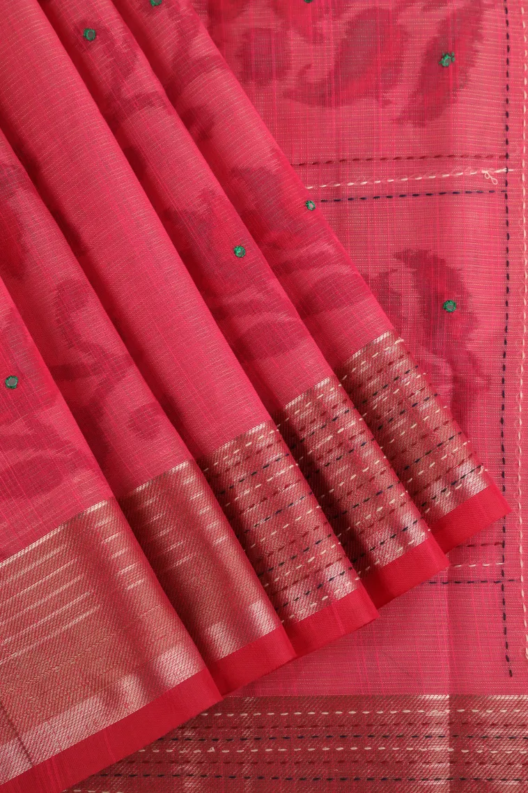 Punch Pink Linen Saree with Gold Zari Floral Patterns