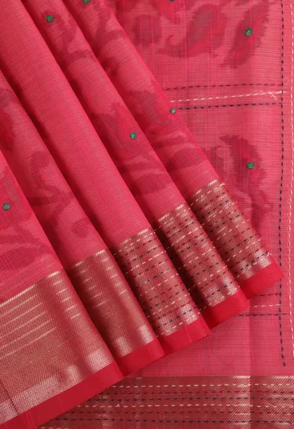 Punch Pink Linen Saree with Gold Zari Floral Patterns
