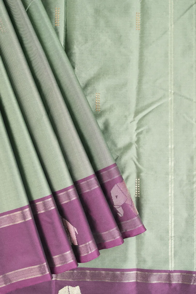 Pistachio Green Arani Silk Sarees with Gold Zari Buttis (small Dots Or Motifs)