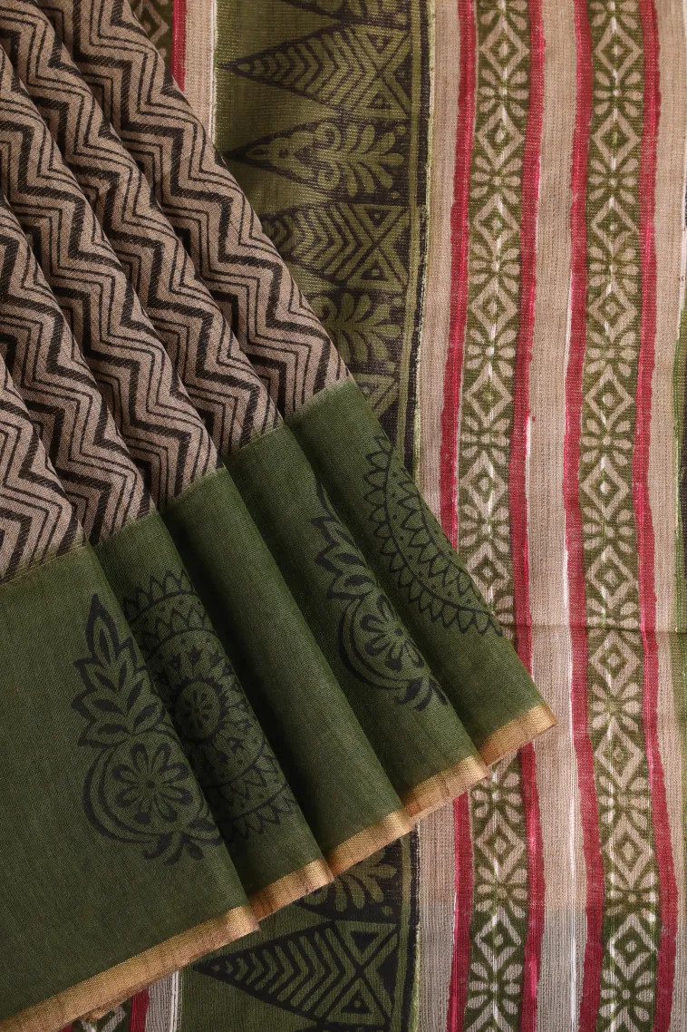 Tortilla Brown Tissue Silk Sarees with Gold Zari Zig Zag Pattern