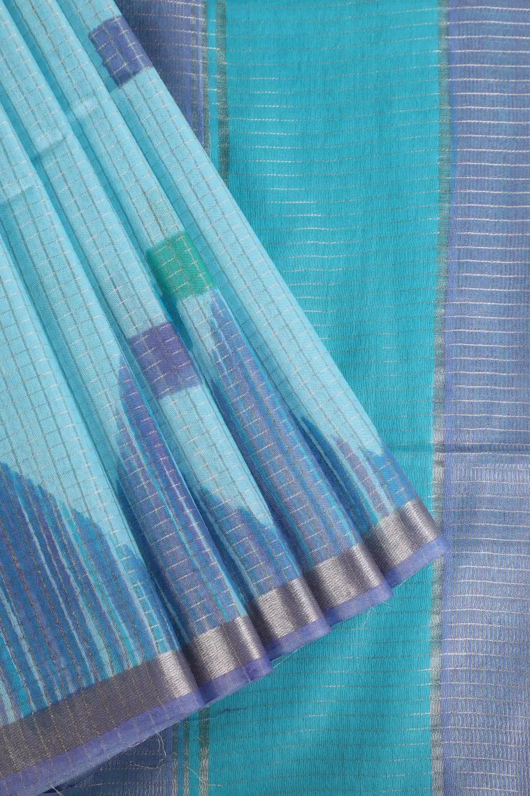 Sky Blue Semi Tussar Silk with Gold And Silver Zari Small Checks Pattern