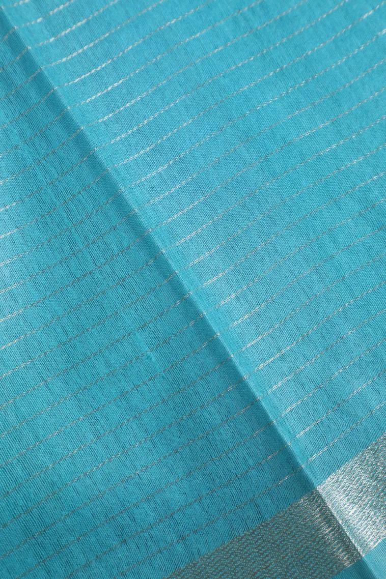 Sky Blue Semi Tussar Silk with Gold And Silver Zari Small Checks Pattern view 3