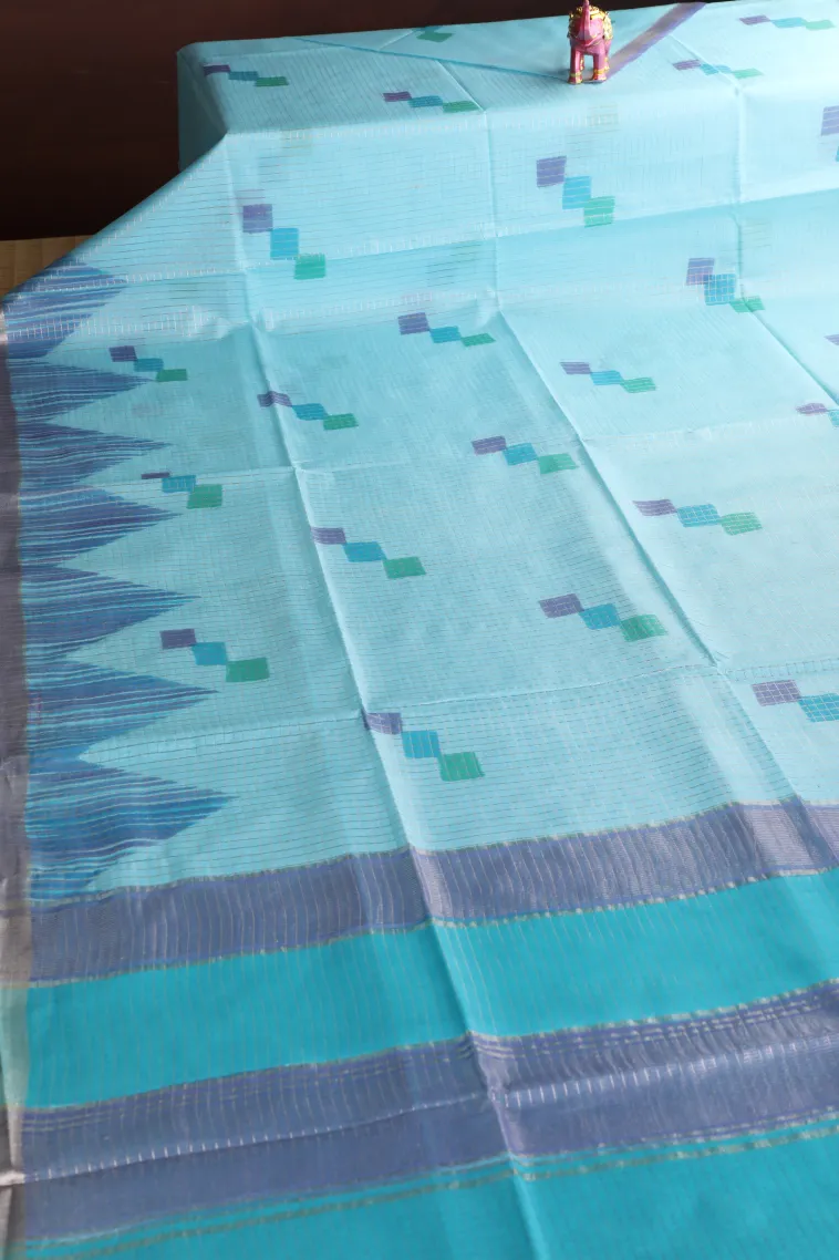 Sky Blue Semi Tussar Silk with Gold And Silver Zari Small Checks Pattern view 2