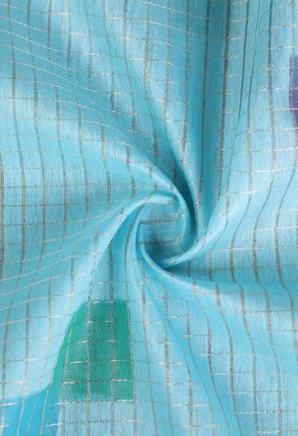 Sky Blue Semi Tussar Silk with Gold And Silver Zari Small Checks Pattern