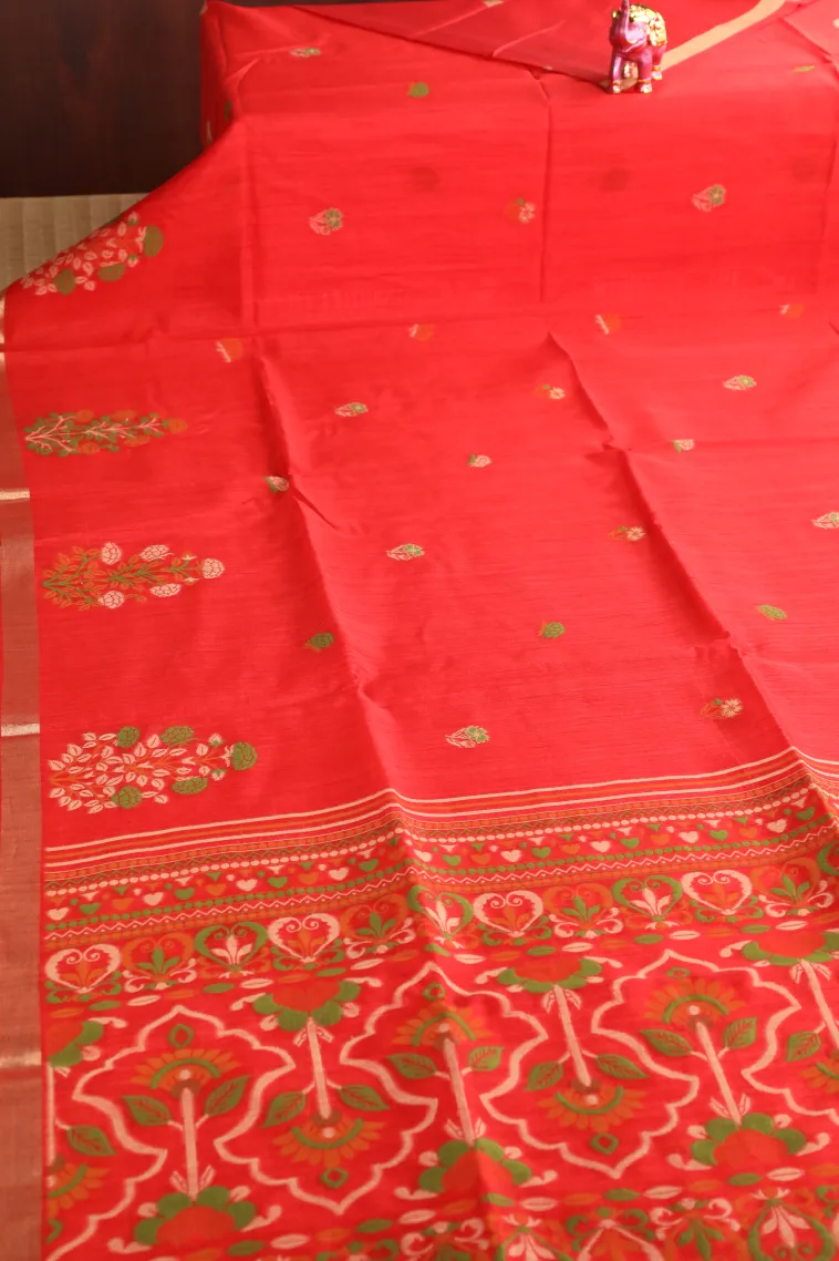 Rose Red Semi Tussar Silk with Gold And Silver Zari Flower Mottif view 2