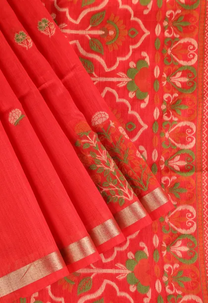 Rose Red Semi Tussar Silk with Gold And Silver Zari Flower Mottif