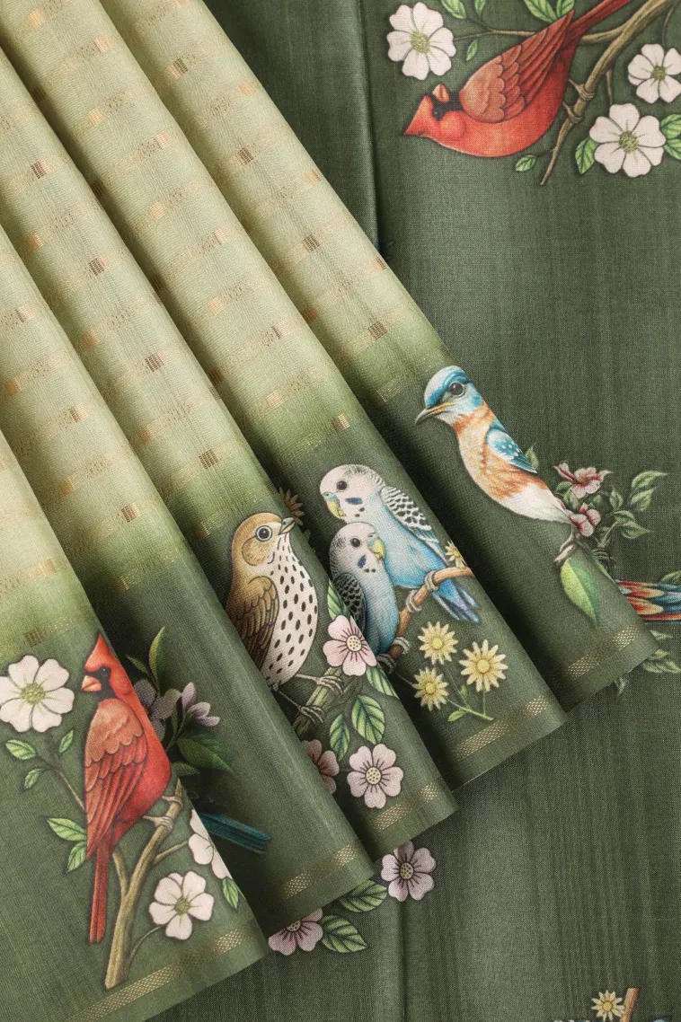 Pistachio Green Semi Tussar Silk with Gold Zari Stripes