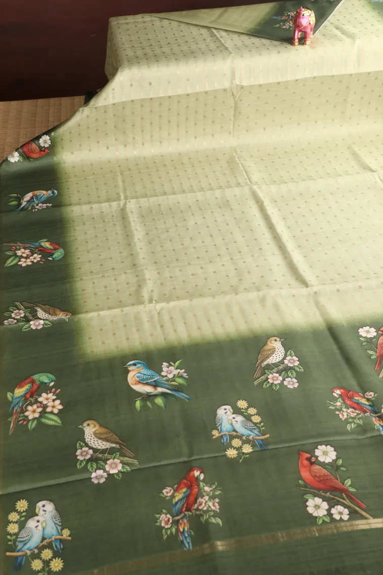 Pistachio Green Semi Tussar Silk with Gold Zari Stripes view 2