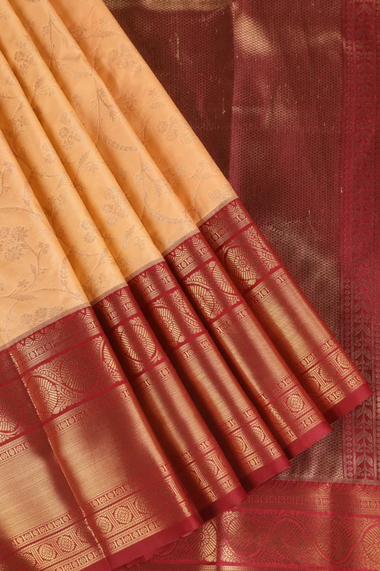 Peach Pink Apoorva Silk Sarees with Gold Zari Floral Patterns