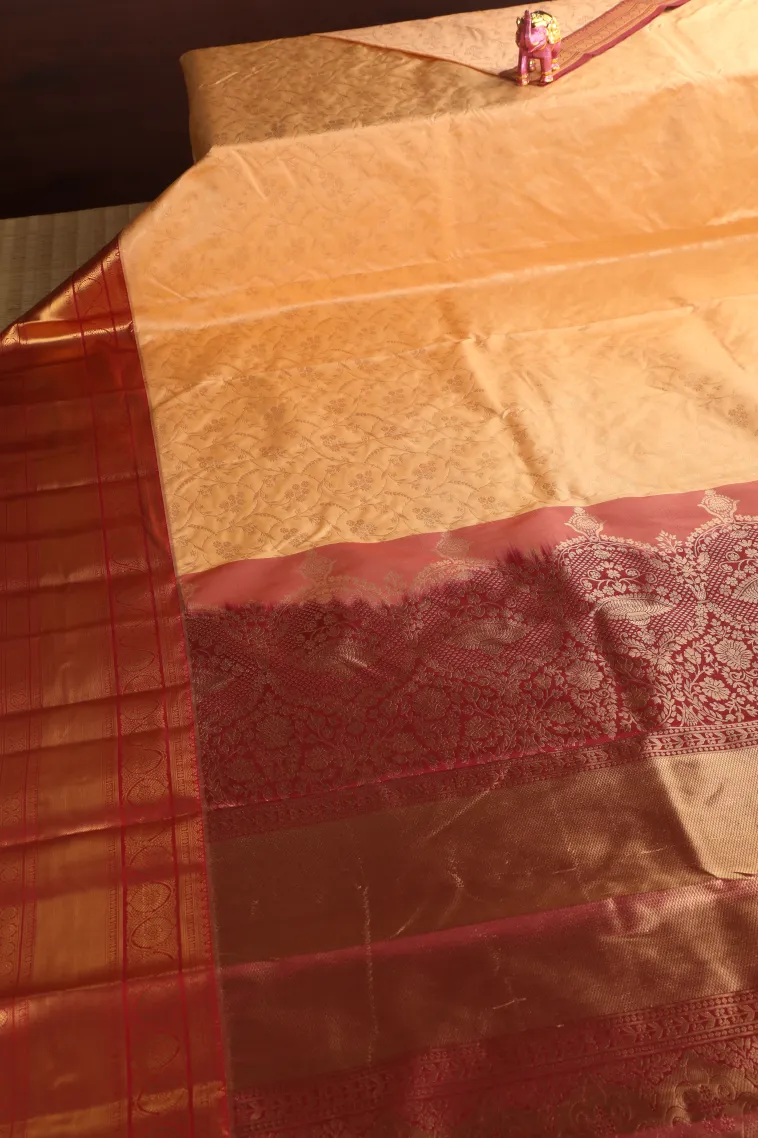Peach Pink Apoorva Silk Sarees with Gold Zari Floral Patterns view 2