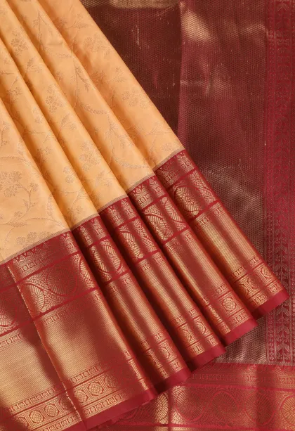 Peach Pink Apoorva Silk Sarees with Gold Zari Floral Patterns