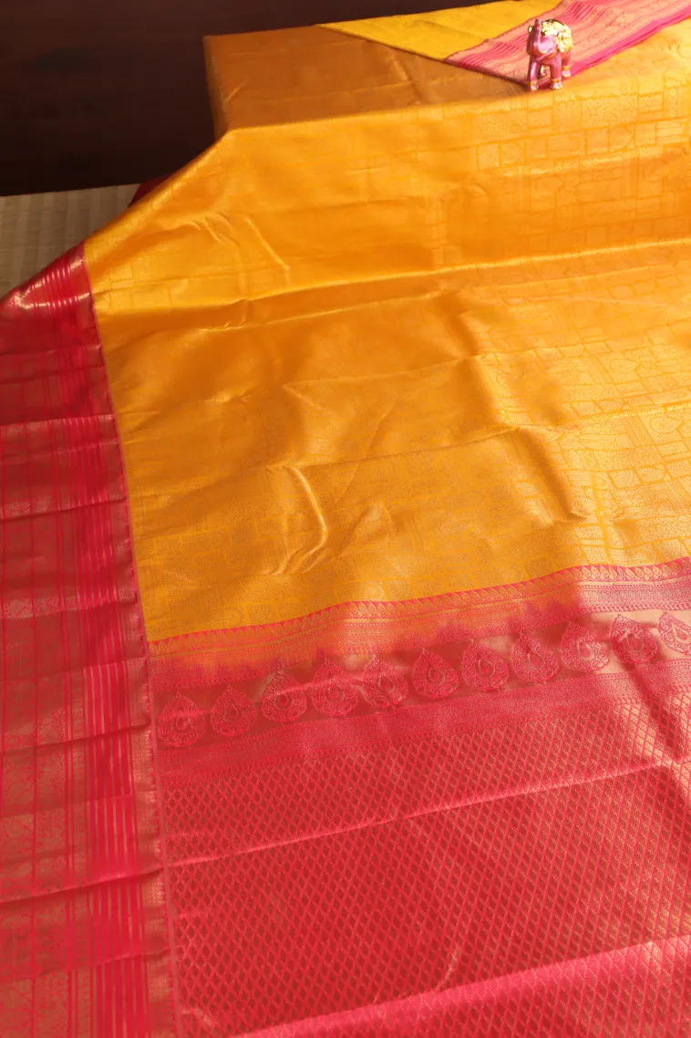 Lemon Yellow Apoorva Silk Sarees with Gold Zari Floral Patterns view 2