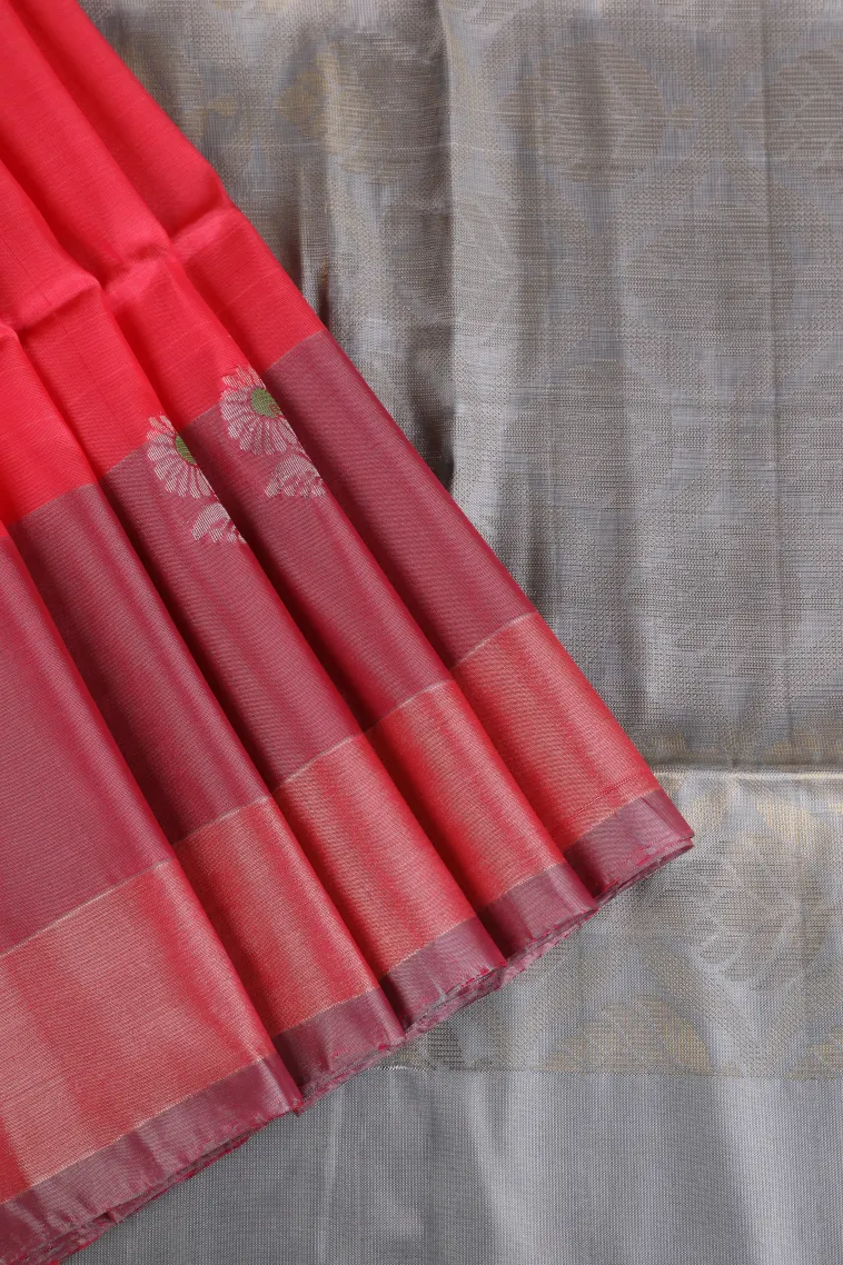Punch Pink Soft Silk Saree with Gold And Silver Zari Flower Mottif view 1
