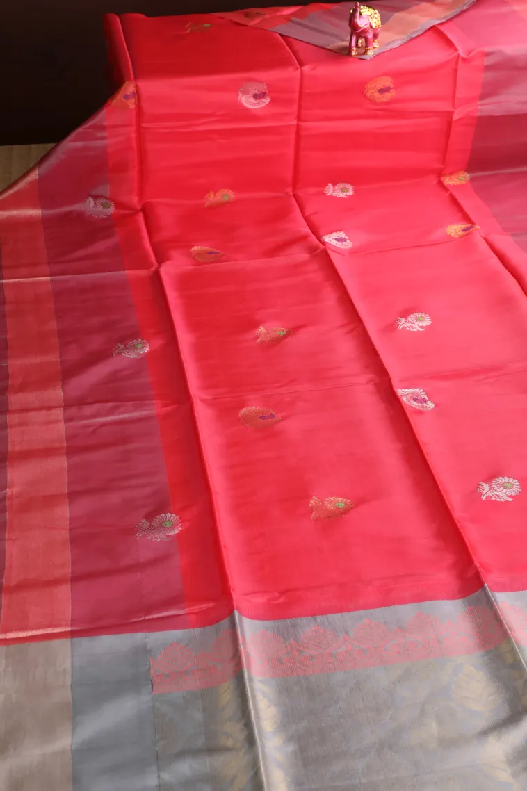 Punch Pink Soft Silk Saree with Gold And Silver Zari Flower Mottif view 2