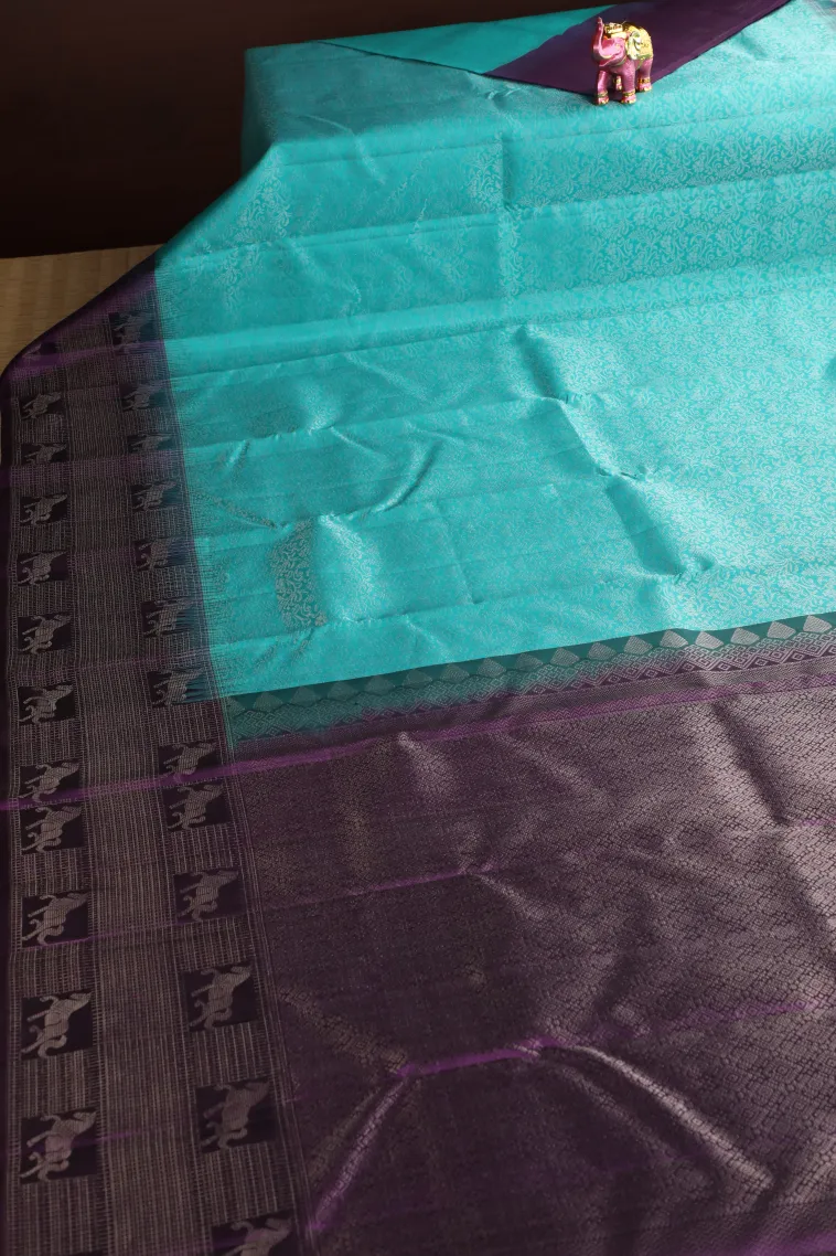 Arctic Blue Soft Silk Saree with Silver Zari Floral Patterns view 2