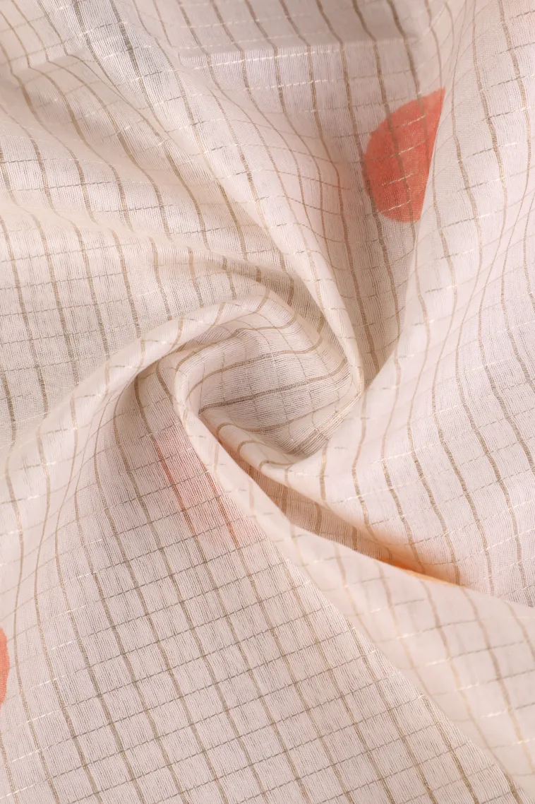 Cotton White Semi Tussar Silk with Gold And Silver Zari Small Checks Pattern view 4