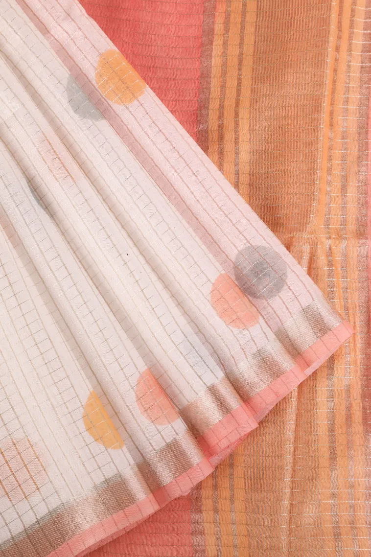 Cotton White Semi Tussar Silk with Gold And Silver Zari Small Checks Pattern