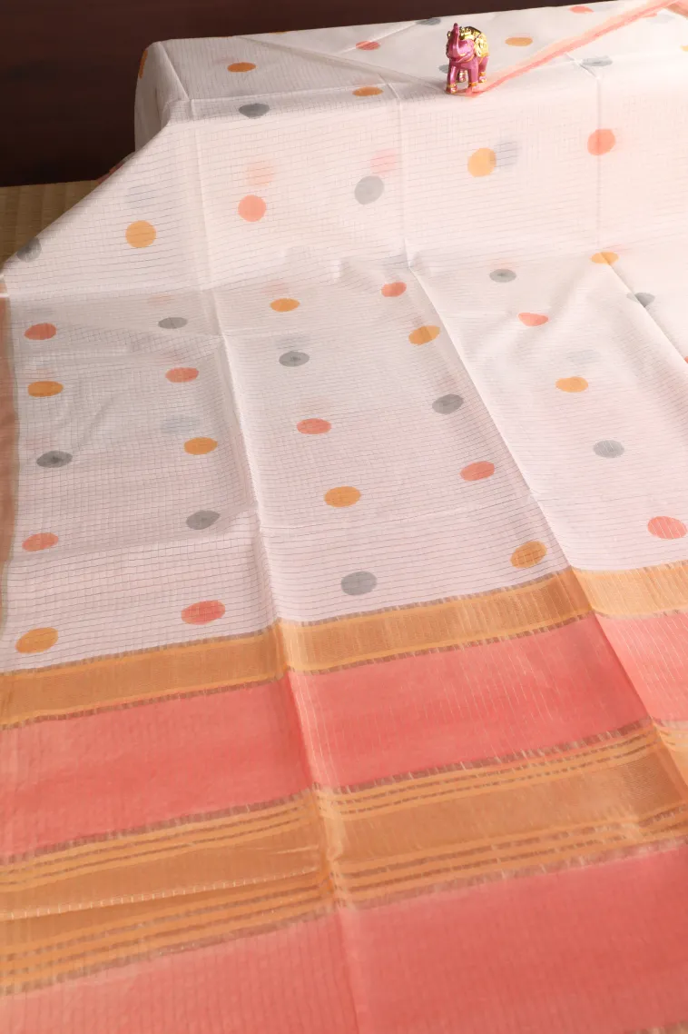 Cotton White Semi Tussar Silk with Gold And Silver Zari Small Checks Pattern view 2