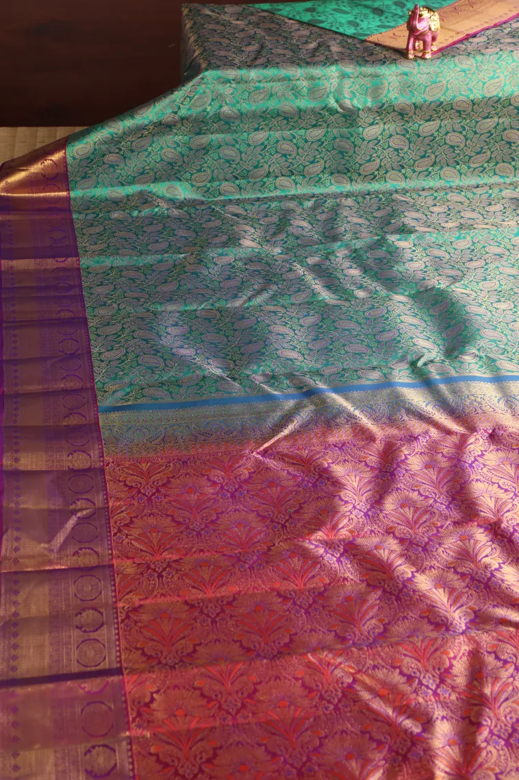 Teal Blue Kanchipuram Silk Sarees with Gold Zari Mango Puttas view 2