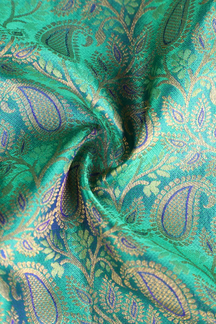 Teal Blue Kanchipuram Silk Sarees with Gold Zari Mango Puttas view 4