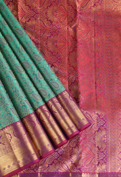 Teal Blue Kanchipuram Silk Sarees with Gold Zari Mango Puttas