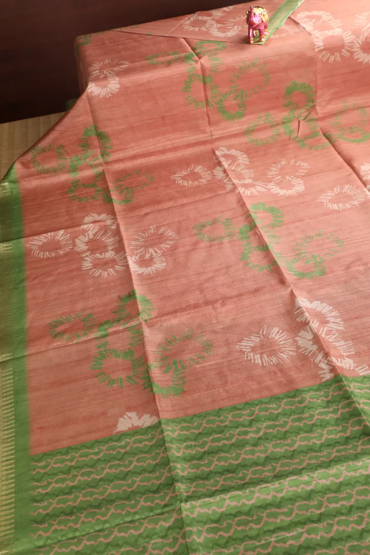 Peach Pink Semi Tussar Silk Without Zari With Geometric Shapes view 2